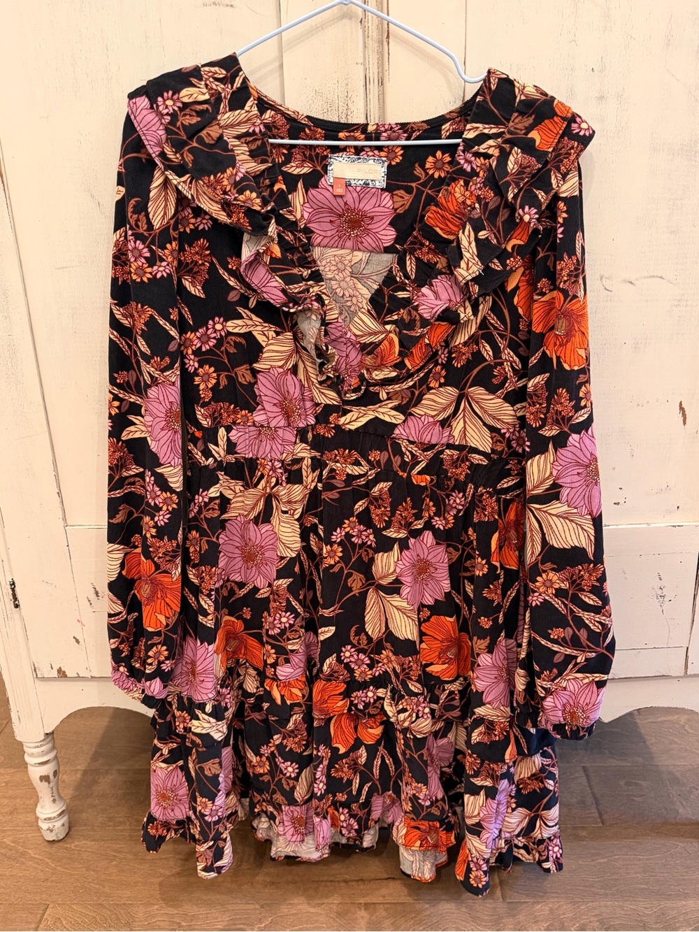 Anthropologie Pilcro Women’s Corduroy Fall Colors Ruffle Neck Dress Large EUC!